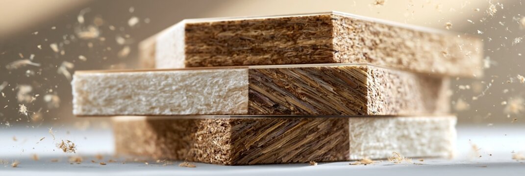 Medium shot of stacked biobased lumber sheets with clear texture labels set against a neutral studio background featuring soft shadows and floating fiber particles in highkey