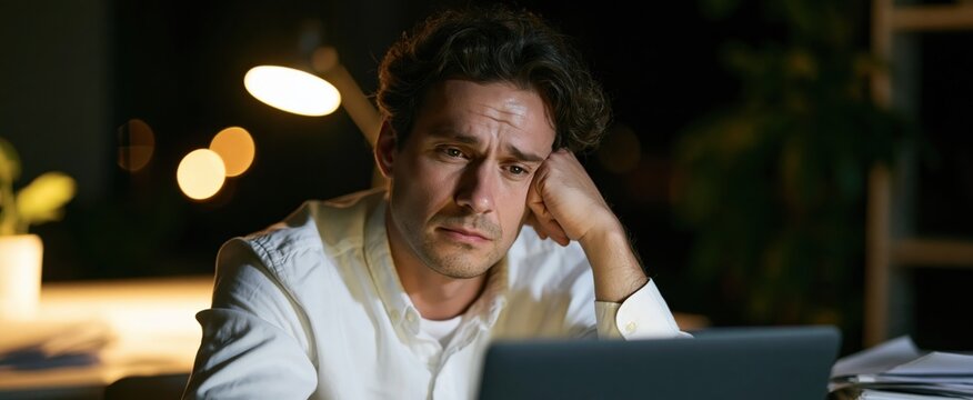 Determined project manager working late in a shadowy office filled with scattered papers and a laptop.
