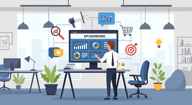 Businessman presenting on screen display.