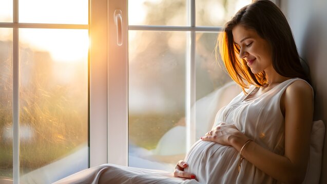 Serene pregnant woman cradling her belly by window at sunset