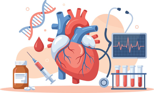 Cardiovascular health concept featuring anatomical human heart with stethoscope, ECG monitor, DNA, and blood test illustration