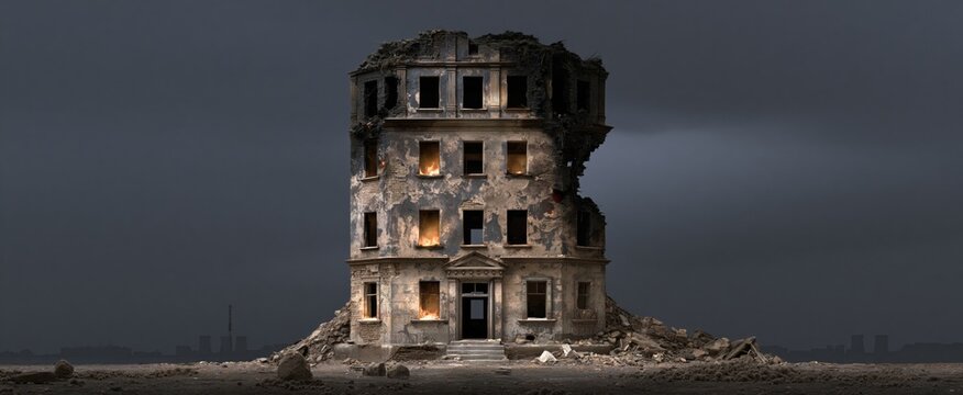 Severely damaged multi-story building stands charred and forlorn in a bleak urban landscape 