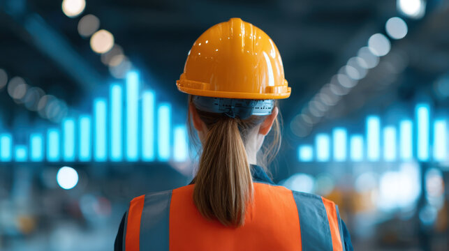Female engineer wearing hard hat and safety vest in industrial tunnel with blue light background, back view, workplace safety