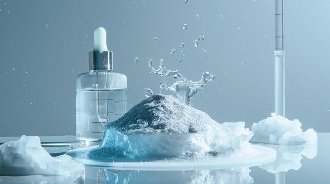 Crystal dropper pours liquid into foamy mound. Water splashes against reflective surface. Cold, clean, scientific mood dominates. Ideal for beauty, skincare, or lab concept visuals