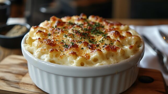 Creamy baked macaroni and cheese topped with melted golden cheese and fresh parsley in a white ramekin