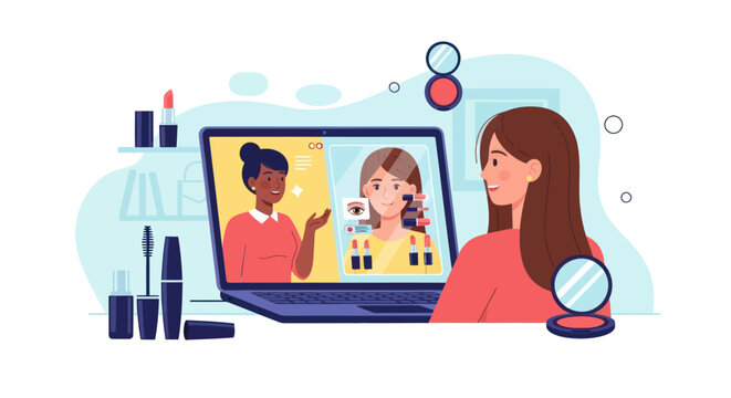 Person watching online beauty tutorial on a laptop with makeup products