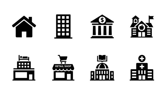Real estate and public city buildings solid glyph icon set including bank hospital school hotel shop house vector illustration