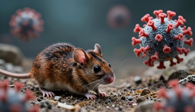 Small rodent and virus spheres illustrating zoonotic disease risk