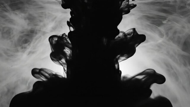 Black ink dissolving and spreading in water with dramatic smoky effect and vibrant backlighting, forming artistic abstract shapes