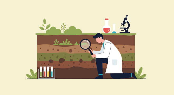 Scientist examines soil layers with magnifying glass, lab equipment, and microscope