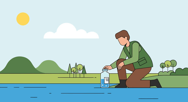 Scientist collecting water sample from river for environmental research, outdoors