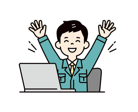 パソコンの前で喜ぶ、作業服を着たの若い労働者・作業員・技術者の上半身ベクターイラスト素材