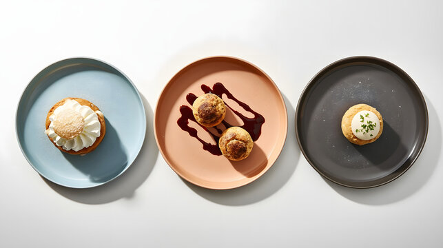 Three Plates with Desserts on White Background