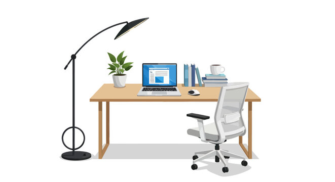 A modern home office setup with a desk, chair and lamp