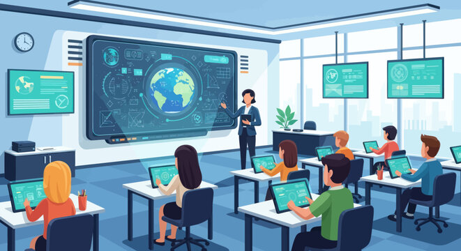 A teacher instructs students using interactive technology in a modern classroom setting
