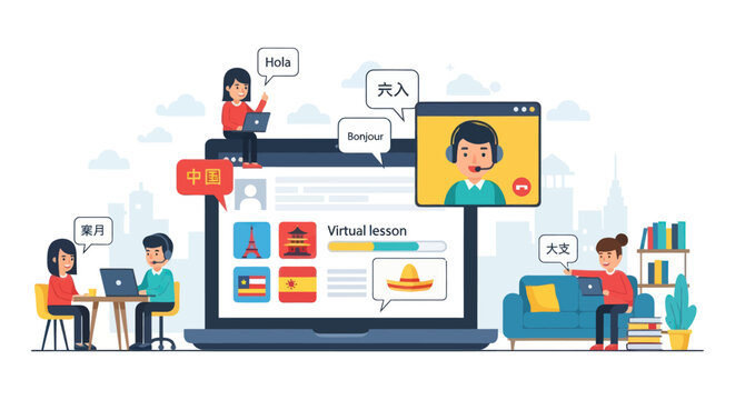 People learning languages online through virtual lessons and video calls