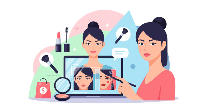 A person demonstrates makeup application using a digital screen and cosmetic tools