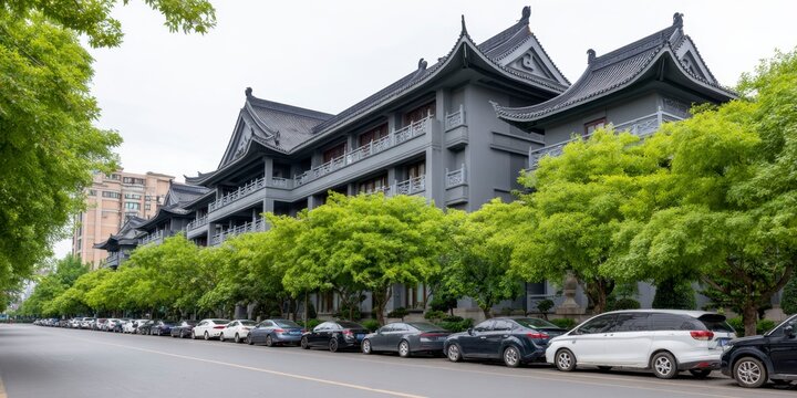 a multi-story building, gray walls with many cars parked on both sides of the road, green trees and traditional chinese architectural elements.