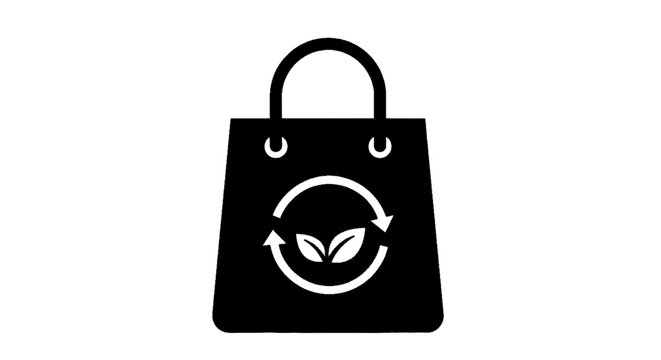 Minimal black silhouette icon, simple flat vector, bold black shape, no, no shading eco friendly shopping bag icon with recycling symbol and leaves on a, flat icon style