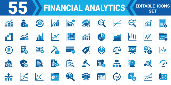 Financial analytics icon set collection 55 editable vector illustrations for data investment