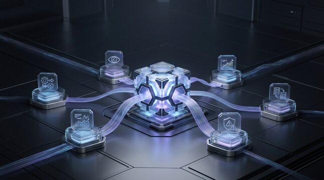 Futuristic glowing central core connected to glass data nodes with glowing fiber optic cables on dark metallic floor, network infrastructure, server room, cloud computing.