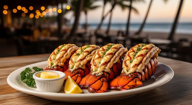 Grilled lobster tails served with butter and lemon on a plate