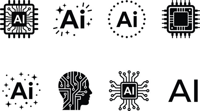 Artificial intelligence vector icon set featuring digital circuit microchip human head profile and machine learning symbols