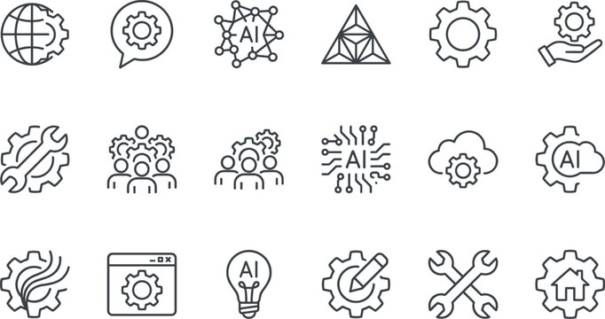 Artificial intelligence and tech line icon set featuring gears automation engineering cloud computing and modern configuration symbols