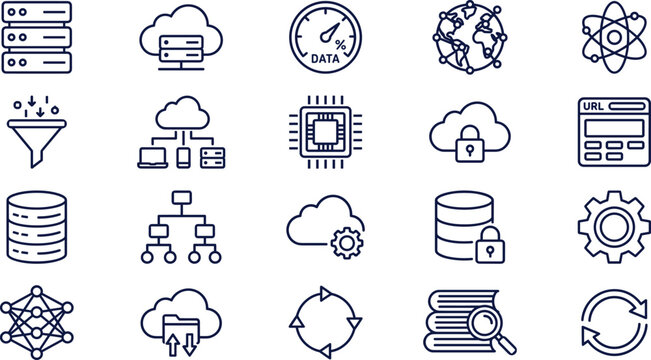 Big data analytics and cloud computing line icon set featuring network database storage and digital security concepts