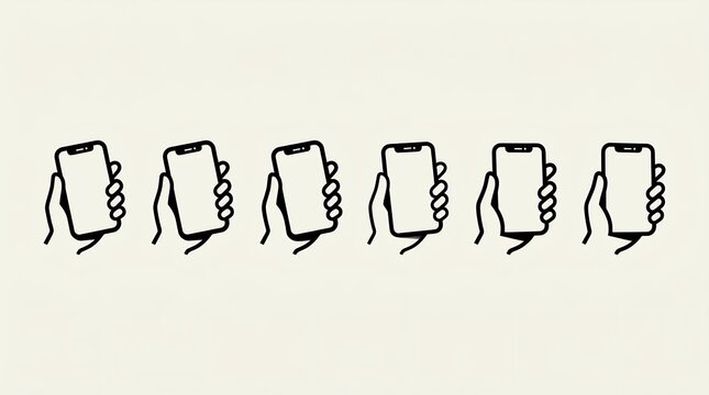 Row of hands holding mobile phones in a minimal line art style