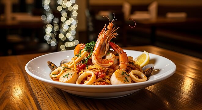 Seafood pasta dish with shrimp, scallops, and calamari