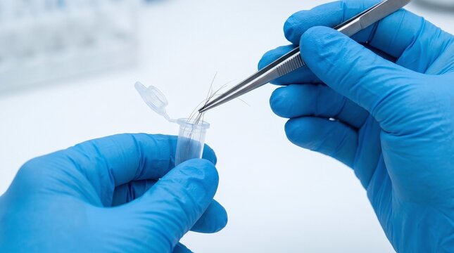 Laboratory technician collecting trace evidence with forceps in a sterile clinical environment.