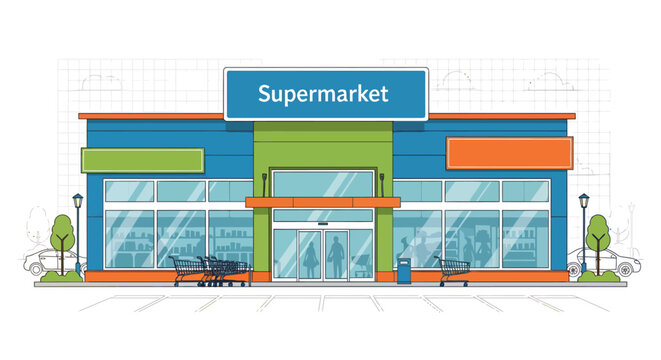 Colorful supermarket storefront exterior design.