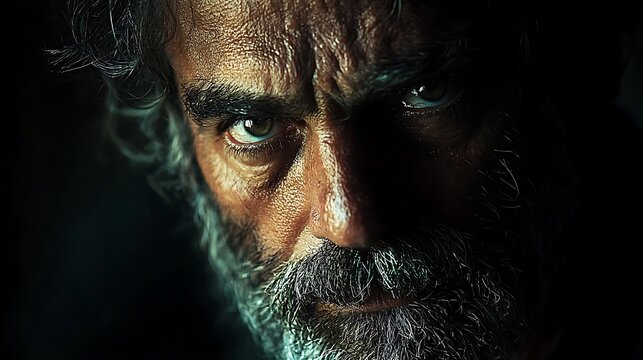 Close up portrait of an older man's weathered face with piercing eyes and a full beard dramatic lighting
