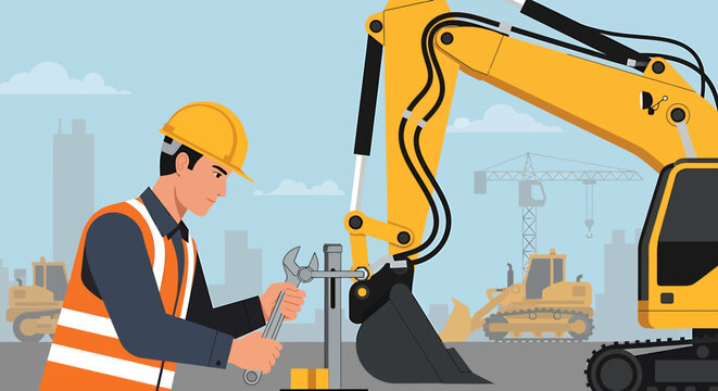 Construction worker with yellow excavator machine.
