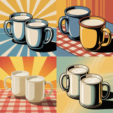 Two large ceramic mugs of milk, set of illustrations in the style of a retro advertising poster, Art Deco, bright geometric background, 1950s graphic aesthetics