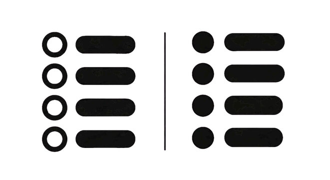 Minimal black silhouette icon, simple flat vector, bold black shape, no, no shading set of bullet points with circles and rounded rectangular shapes on a, flat icon style
