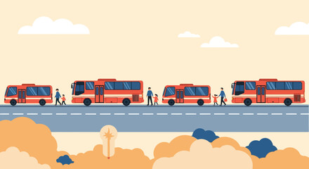 Fototapeta premium Emergency Evacuation Buses Transporting People During Urgent Crisis Response Operations