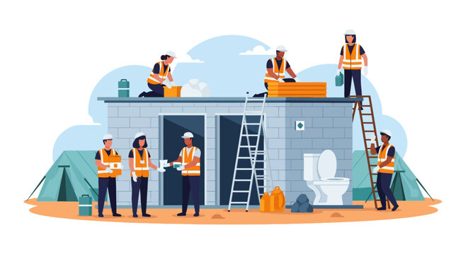 Dedicated Volunteers Constructing Sanitation Facilities for Community Development Project