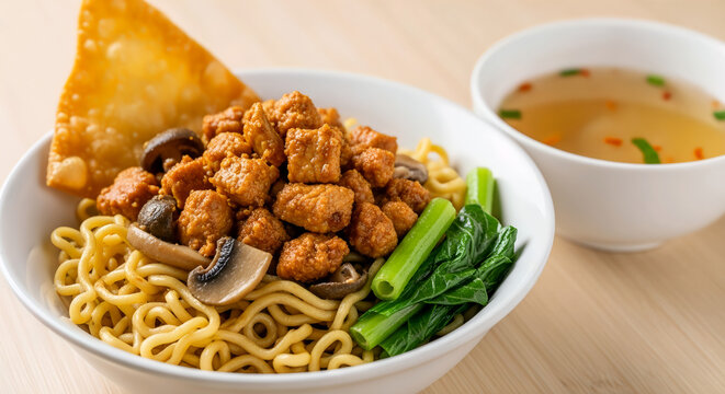 Traditional Indonesian Mie Ayam with Mushrooms and Greens