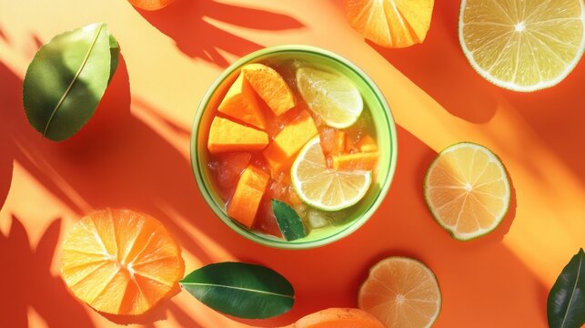 Vibrant citrus and fruit bowl, a healthy and refreshing mix of sliced fruit in a green bowl