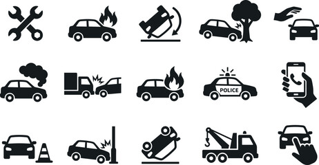 Car accident and roadside assistance vector icon set featuring vehicle crashes emergency towing insurance and repair symbols © Vector Saga