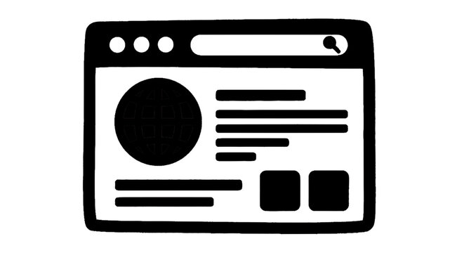 Minimal black silhouette icon, simple flat vector, bold black shape, no, no shading web browser window icon with globe and search bar on a, flat icon style