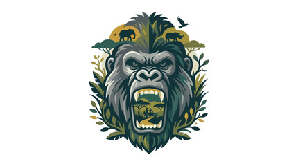 Fierce Gorilla Head with African Wildlife and Jungle Scene Illustration © kaos