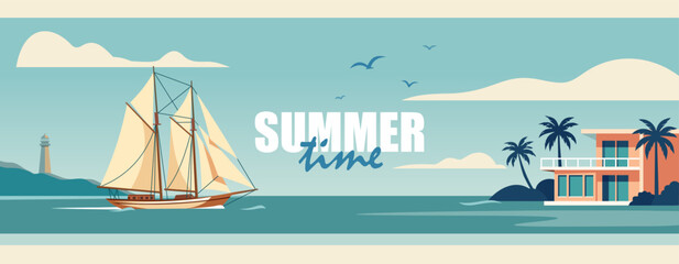 Retro vector summer banner with tall sailing ship on teal sea, modern beach villa, lighthouse and seagulls. Soft vintage palette, wide horizontal composition. Vector illustration © kiberstalker