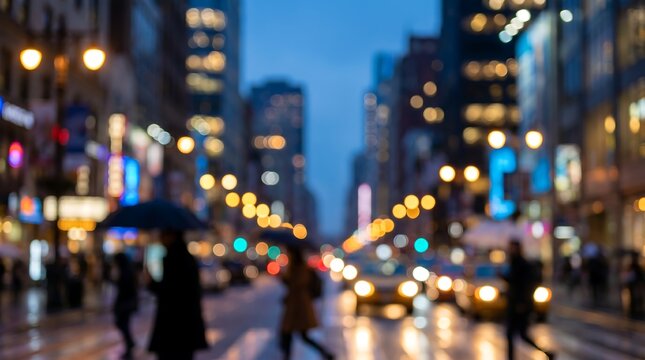 Blurry urban city street at night with glowing bokeh lights and silhouettes of people walking in rainy weather