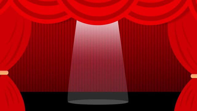 Red theater curtains framing an empty stage with a single bright spotlight beaming down on the floor.