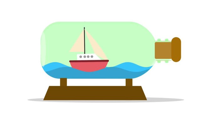 Miniature sailboat rocking on stylized ocean waves inside a glass bottle on a white background.