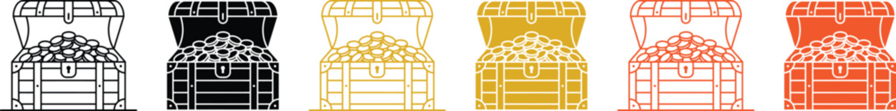 Collection of wooden treasure chest icons filled with gold coins in various colors and outline styles for design