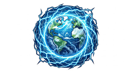 Planet Earth surrounded by blue lightning energy. © garen